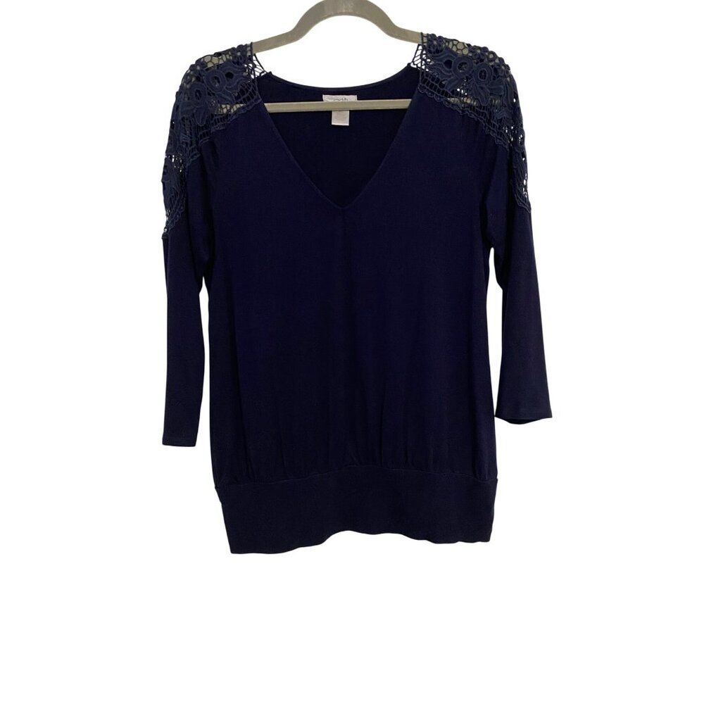 Cache Top Women M Navy Blue 3/4 Sleeve Crochet Shoulder Detail Y2K Casual Comfy